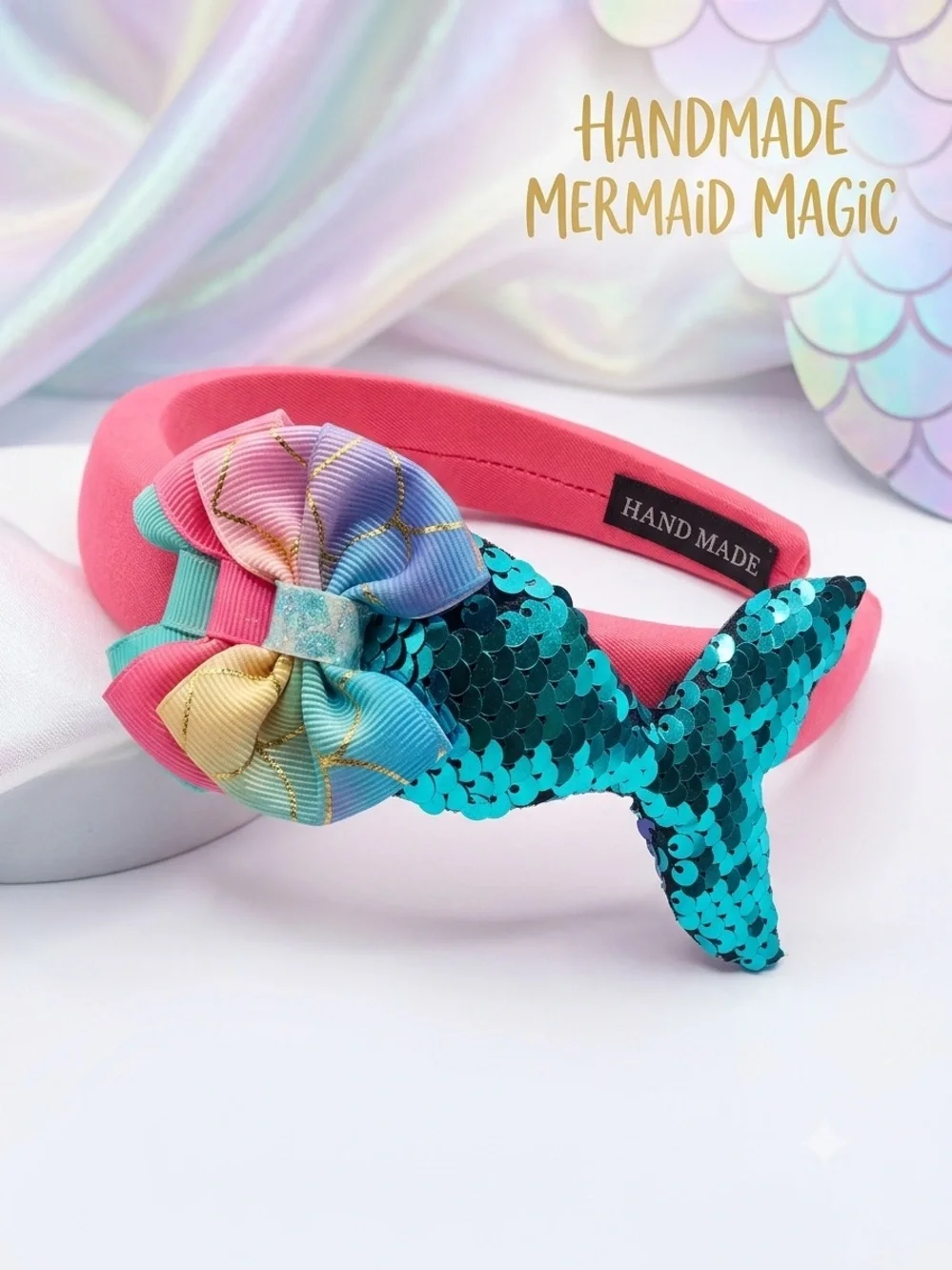 Handmade Girls Sequin Mermaid Tail & Bow Headband Pink